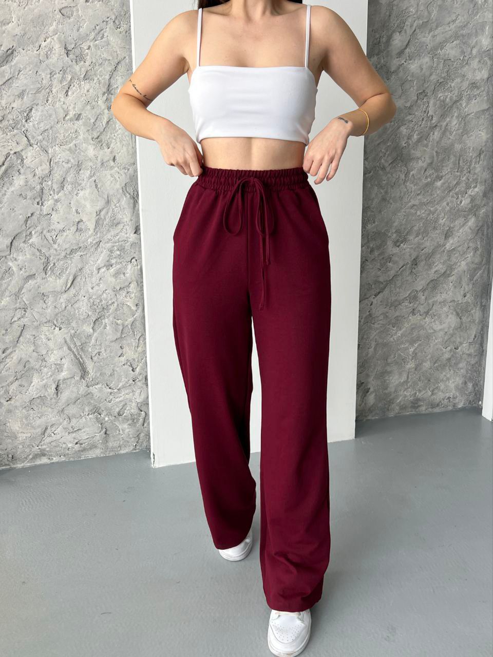 Wide Legs Women Pants Cherry